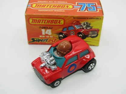 Matchbox Superfast No 14B Mini Ha-Ha LIGHT PINK Driver, Light Brown Helmet, 2 Colour Labels , GREEN Windows, Not Recommeded Box