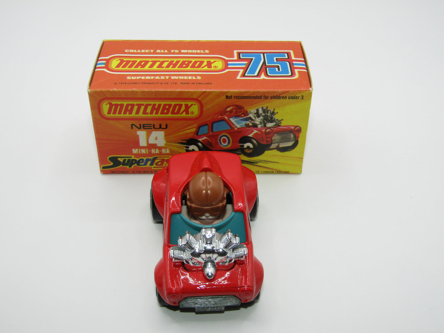 Matchbox Superfast No 14B Mini Ha-Ha LIGHT PINK Driver, Light Brown Helmet, 2 Colour Labels , GREEN Windows, Not Recommeded Box