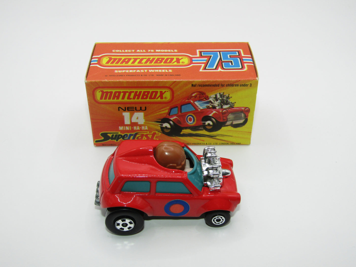 Matchbox Superfast No 14B Mini Ha-Ha LIGHT PINK Driver, Light Brown Helmet, 2 Colour Labels , GREEN Windows, Not Recommeded Box
