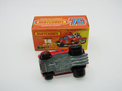 Matchbox Superfast No 14B Mini Ha-Ha LIGHT PINK Driver, Light Brown Helmet, 2 Colour Labels , GREEN Windows, Not Recommeded Box