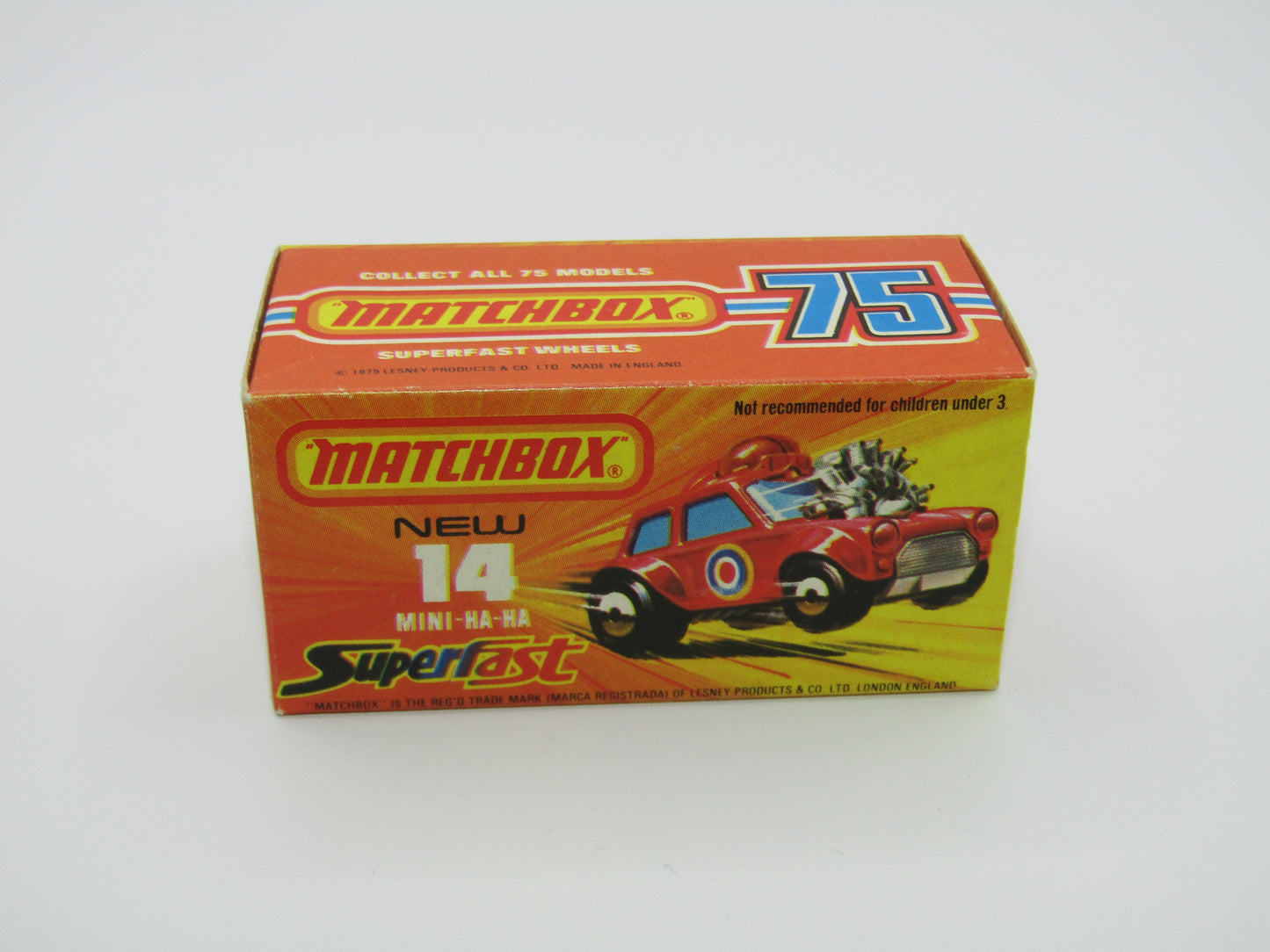 Matchbox Superfast No 14B Mini Ha-Ha LIGHT PINK Driver, Light Brown Helmet, 2 Colour Labels , GREEN Windows, Not Recommeded Box