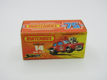 Matchbox Superfast No 14B Mini Ha-Ha LIGHT PINK Driver, Light Brown Helmet, 2 Colour Labels , GREEN Windows, Not Recommeded Box