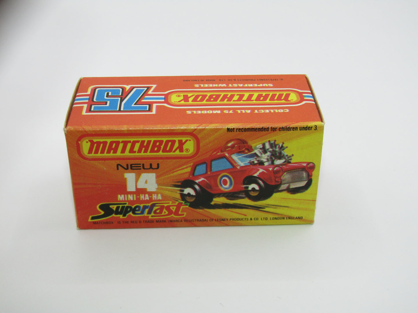 Matchbox Superfast No 14B Mini Ha-Ha LIGHT PINK Driver, Light Brown Helmet, 2 Colour Labels , GREEN Windows, Not Recommeded Box