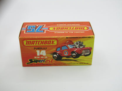 Matchbox Superfast No 14B Mini Ha-Ha LIGHT PINK Driver, Light Brown Helmet, 2 Colour Labels , GREEN Windows, Not Recommeded Box