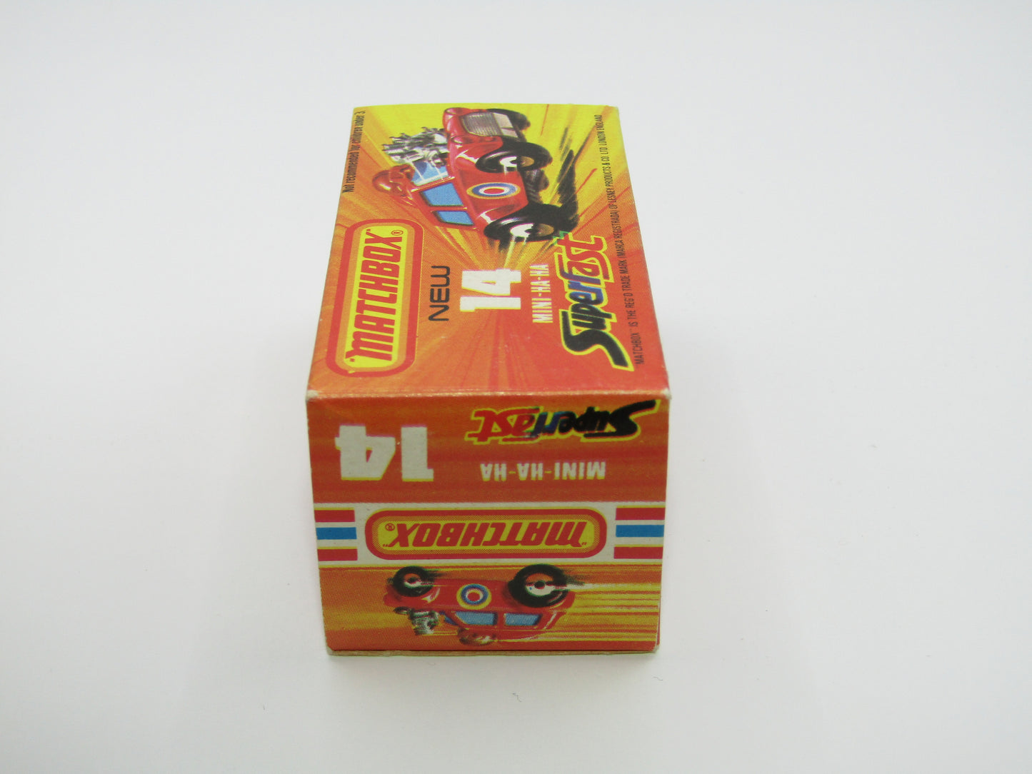 Matchbox Superfast No 14B Mini Ha-Ha LIGHT PINK Driver, Light Brown Helmet, 2 Colour Labels , GREEN Windows, Not Recommeded Box