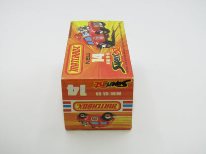 Matchbox Superfast No 14B Mini Ha-Ha LIGHT PINK Driver, Light Brown Helmet, 2 Colour Labels , GREEN Windows, Not Recommeded Box