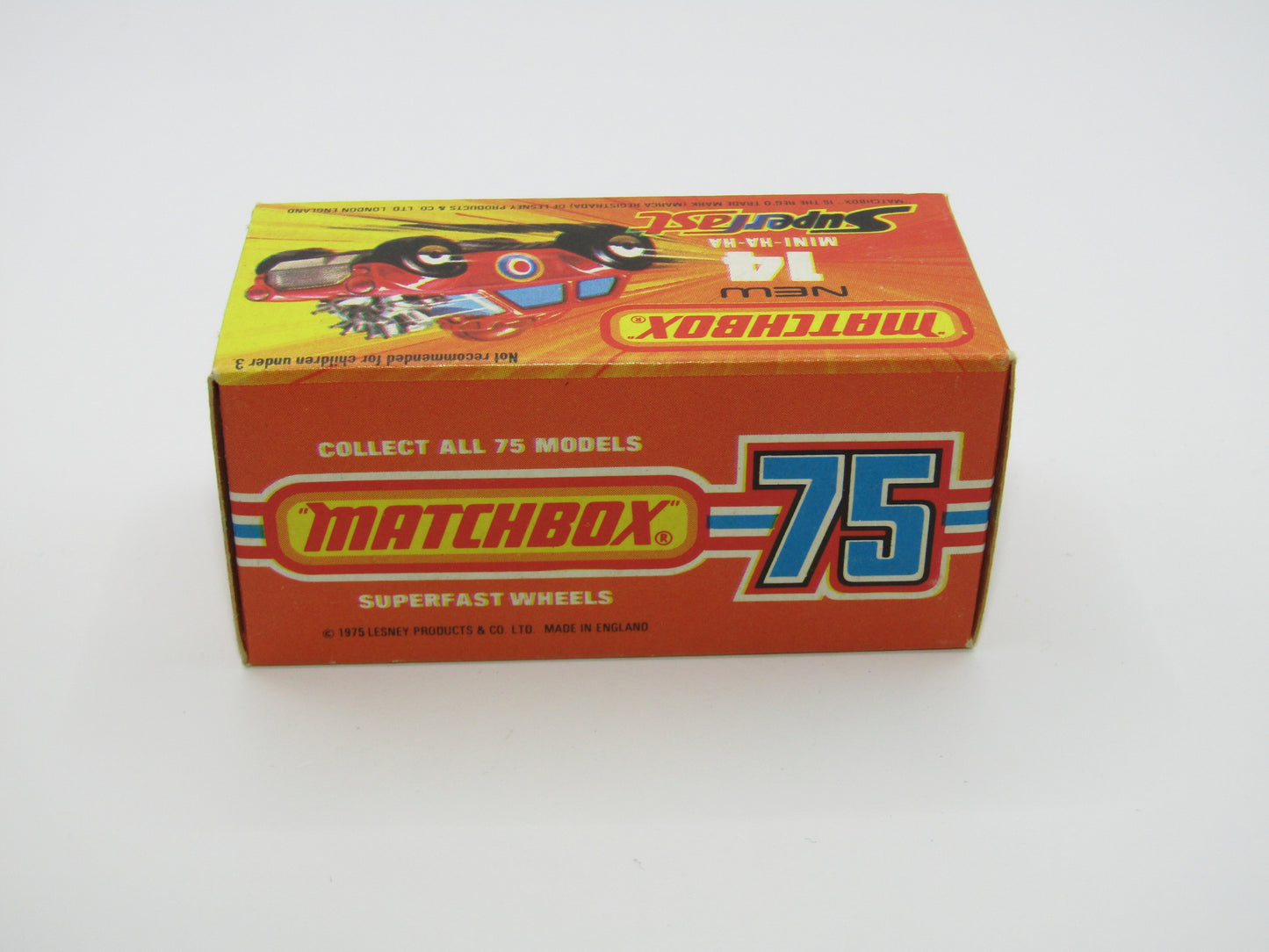 Matchbox Superfast No 14B Mini Ha-Ha LIGHT PINK Driver, Light Brown Helmet, 2 Colour Labels , GREEN Windows, Not Recommeded Box