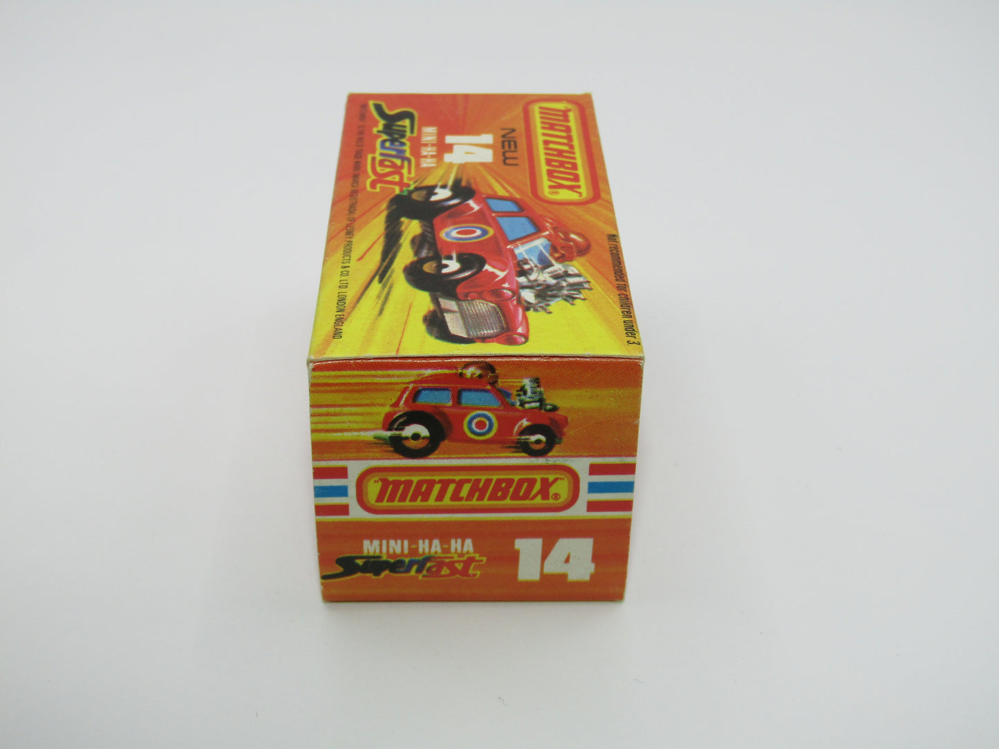 Matchbox Superfast No 14B Mini Ha-Ha LIGHT PINK Driver, Light Brown Helmet, 2 Colour Labels , GREEN Windows, Not Recommeded Box