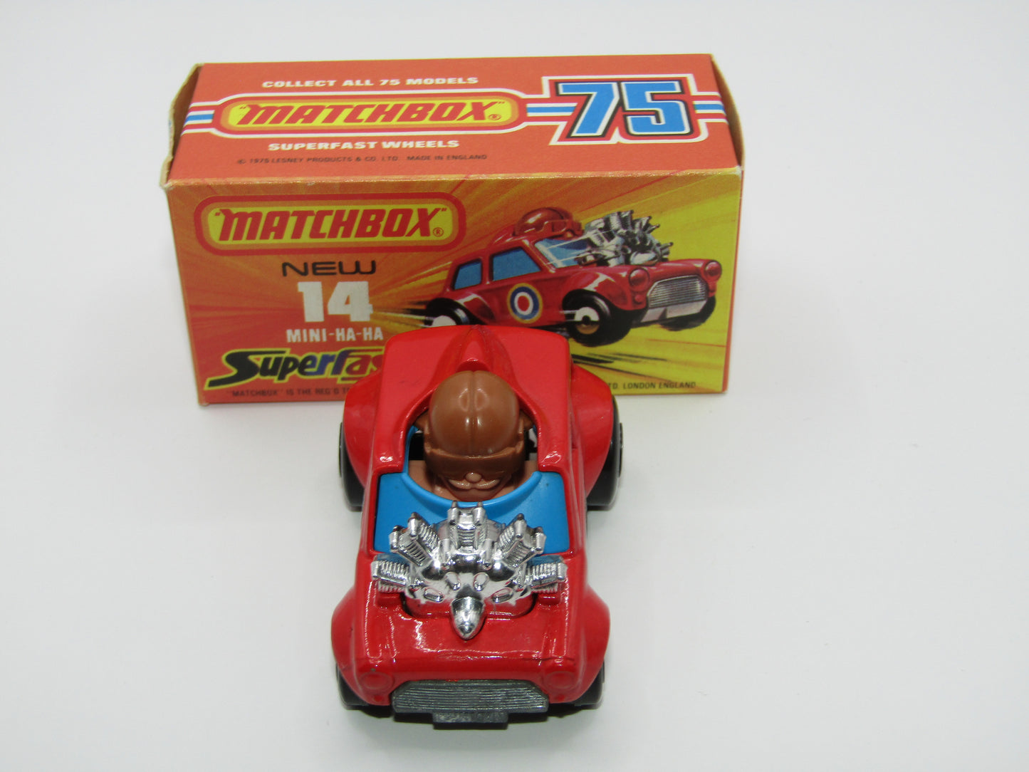 Matchbox Superfast No 14B Mini Ha-Ha Flesh Coloured Driver, Light Brown Helmet, 2 Colour Labels , Blue Windows