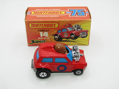 Matchbox Superfast No 14B Mini Ha-Ha Flesh Coloured Driver, Light Brown Helmet, 2 Colour Labels , Blue Windows