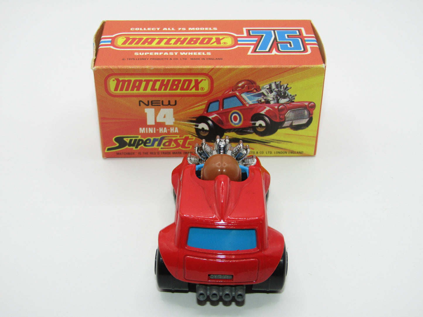 Matchbox Superfast No 14B Mini Ha-Ha Flesh Coloured Driver, Light Brown Helmet, 2 Colour Labels , Blue Windows
