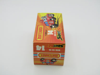 Matchbox Superfast No 14B Mini Ha-Ha Flesh Coloured Driver, Light Brown Helmet, 2 Colour Labels , Blue Windows