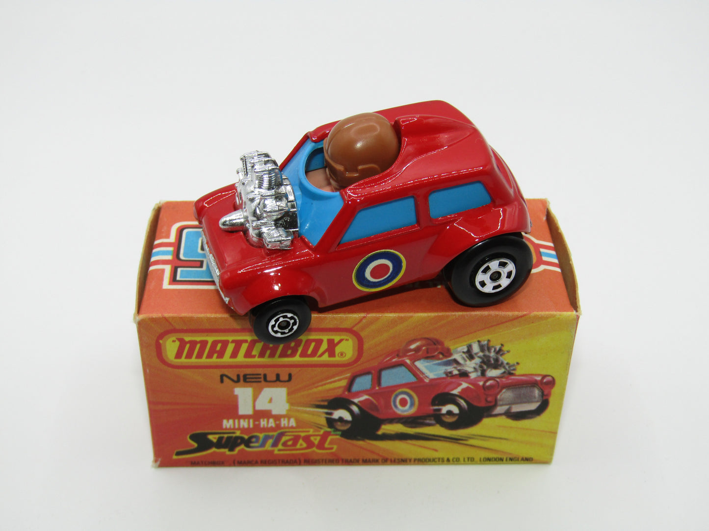 Matchbox Superfast No 14B Mini Ha-Ha DARK RED Flesh Coloured Driver, Light Brown Helmet, 4 Colour Label, Blue Windows