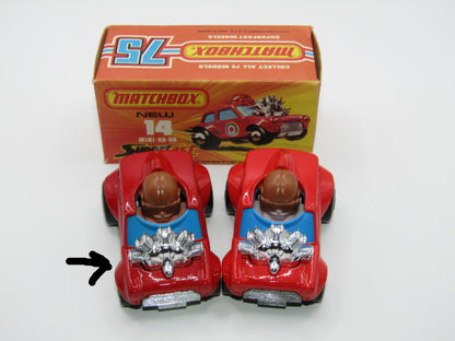 Matchbox Superfast No 14B Mini Ha-Ha DARK RED Flesh Coloured Driver, Light Brown Helmet, 4 Colour Label, Blue Windows