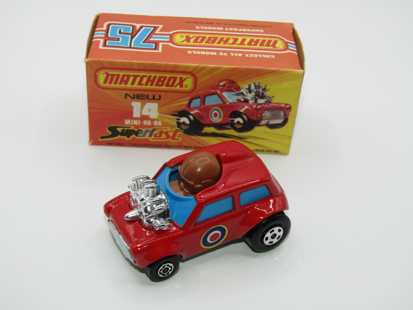 Matchbox Superfast No 14B Mini Ha-Ha DARK RED Flesh Coloured Driver, Light Brown Helmet, 4 Colour Label, Blue Windows