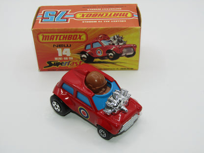 Matchbox Superfast No 14B Mini Ha-Ha DARK RED Flesh Coloured Driver, Light Brown Helmet, 4 Colour Label, Blue Windows