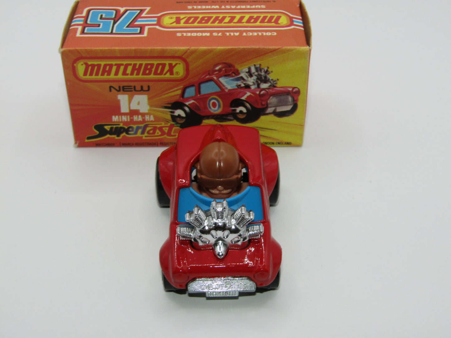 Matchbox Superfast No 14B Mini Ha-Ha DARK RED Flesh Coloured Driver, Light Brown Helmet, 4 Colour Label, Blue Windows