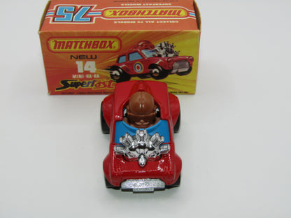 Matchbox Superfast No 14B Mini Ha-Ha DARK RED Flesh Coloured Driver, Light Brown Helmet, 4 Colour Label, Blue Windows