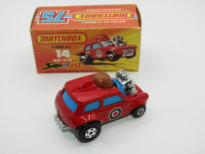 Matchbox Superfast No 14B Mini Ha-Ha DARK RED Flesh Coloured Driver, Light Brown Helmet, 4 Colour Label, Blue Windows