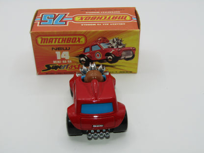 Matchbox Superfast No 14B Mini Ha-Ha DARK RED Flesh Coloured Driver, Light Brown Helmet, 4 Colour Label, Blue Windows