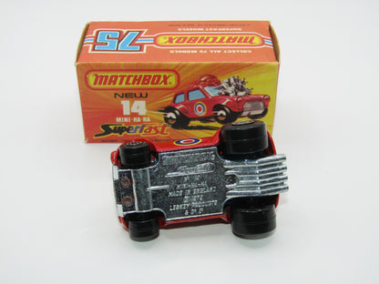 Matchbox Superfast No 14B Mini Ha-Ha DARK RED Flesh Coloured Driver, Light Brown Helmet, 4 Colour Label, Blue Windows