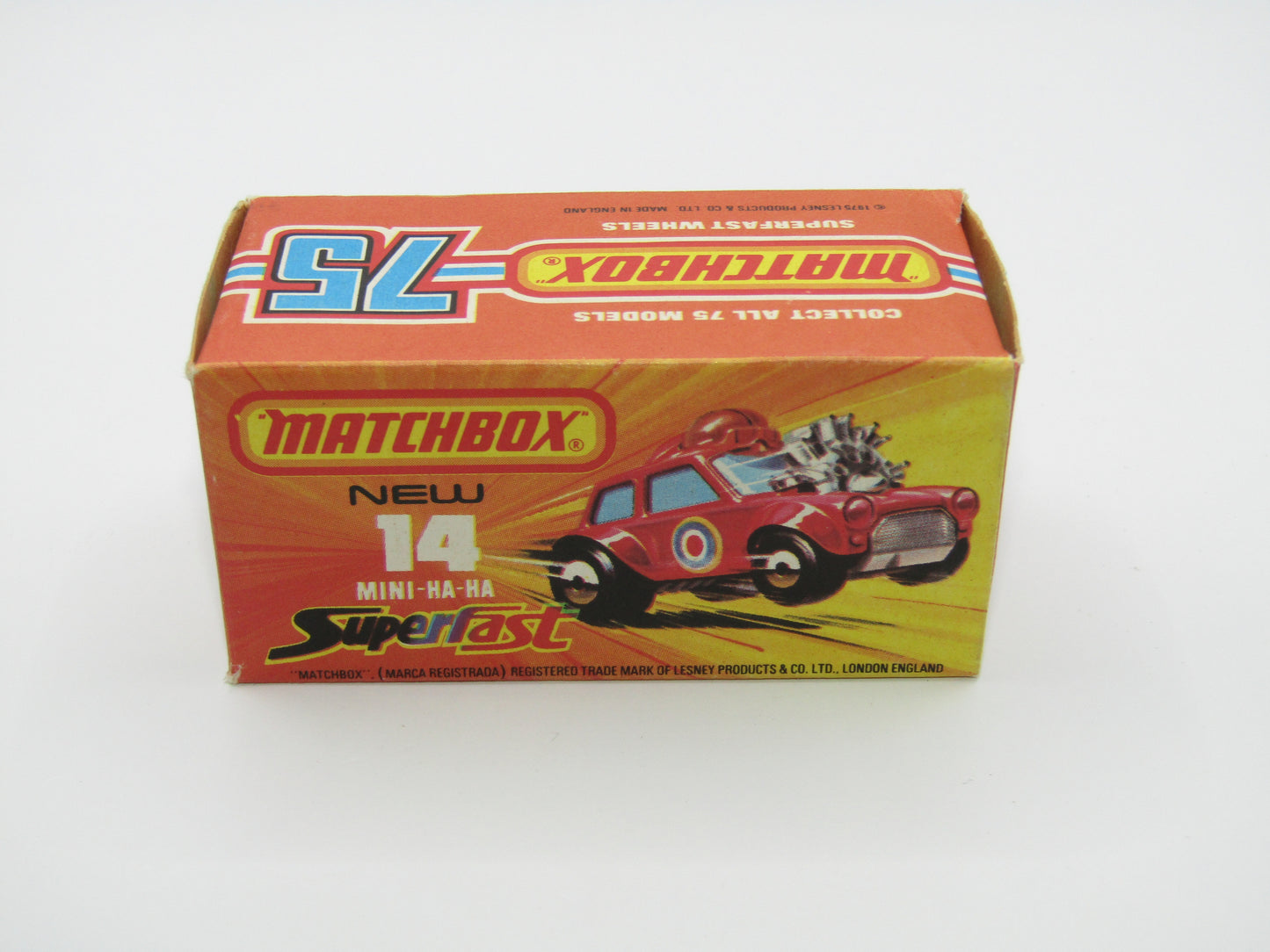 Matchbox Superfast No 14B Mini Ha-Ha DARK RED Flesh Coloured Driver, Light Brown Helmet, 4 Colour Label, Blue Windows