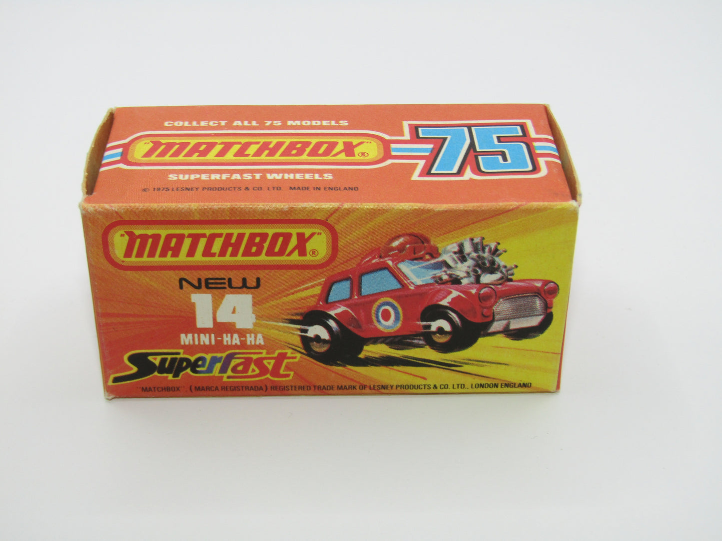 Matchbox Superfast No 14B Mini Ha-Ha DARK RED Flesh Coloured Driver, Light Brown Helmet, 4 Colour Label, Blue Windows