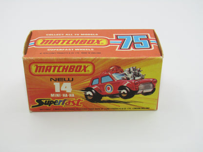 Matchbox Superfast No 14B Mini Ha-Ha DARK RED Flesh Coloured Driver, Light Brown Helmet, 4 Colour Label, Blue Windows