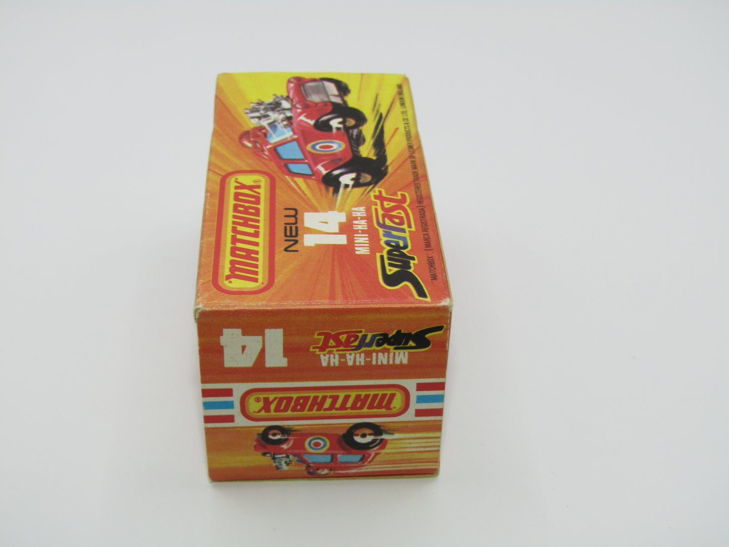 Matchbox Superfast No 14B Mini Ha-Ha DARK RED Flesh Coloured Driver, Light Brown Helmet, 4 Colour Label, Blue Windows