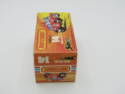 Matchbox Superfast No 14B Mini Ha-Ha DARK RED Flesh Coloured Driver, Light Brown Helmet, 4 Colour Label, Blue Windows