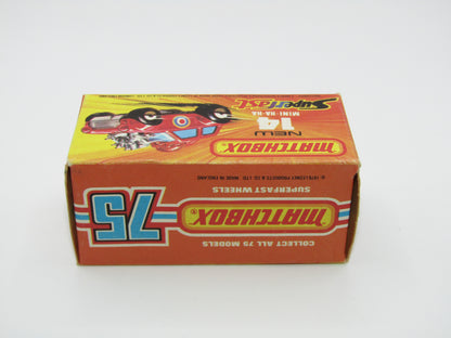 Matchbox Superfast No 14B Mini Ha-Ha DARK RED Flesh Coloured Driver, Light Brown Helmet, 4 Colour Label, Blue Windows