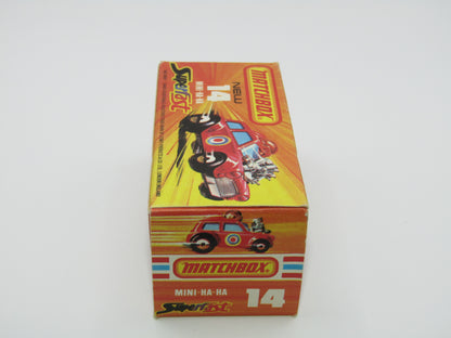 Matchbox Superfast No 14B Mini Ha-Ha DARK RED Flesh Coloured Driver, Light Brown Helmet, 4 Colour Label, Blue Windows
