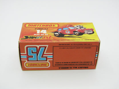 Matchbox Superfast No 14B Mini Ha-Ha DARK RED Flesh Coloured Driver, Light Brown Helmet, 4 Colour Label, Blue Windows