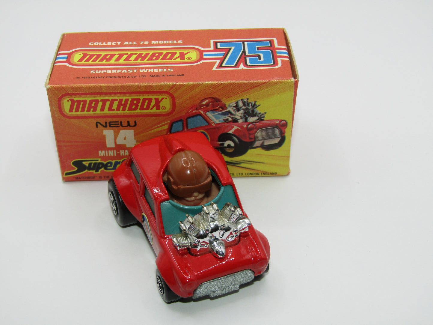 Matchbox Superfast No 14B Mini Ha-Ha Flesh Coloured Driver, Light Brown Helmet, 4 Colour Label, GREEN Windows