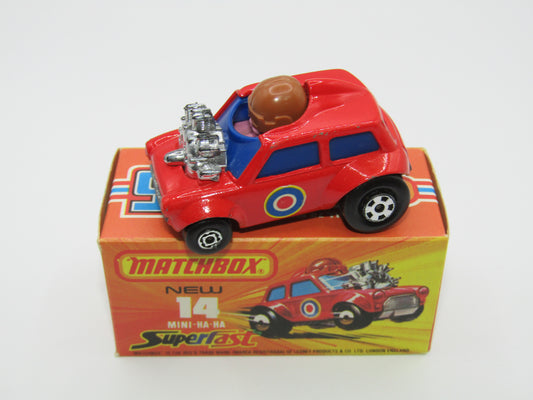 Matchbox Superfast No 14B Mini Ha-Ha DARK BLUE Windows, PURPLE Driver Light Brown Helmet