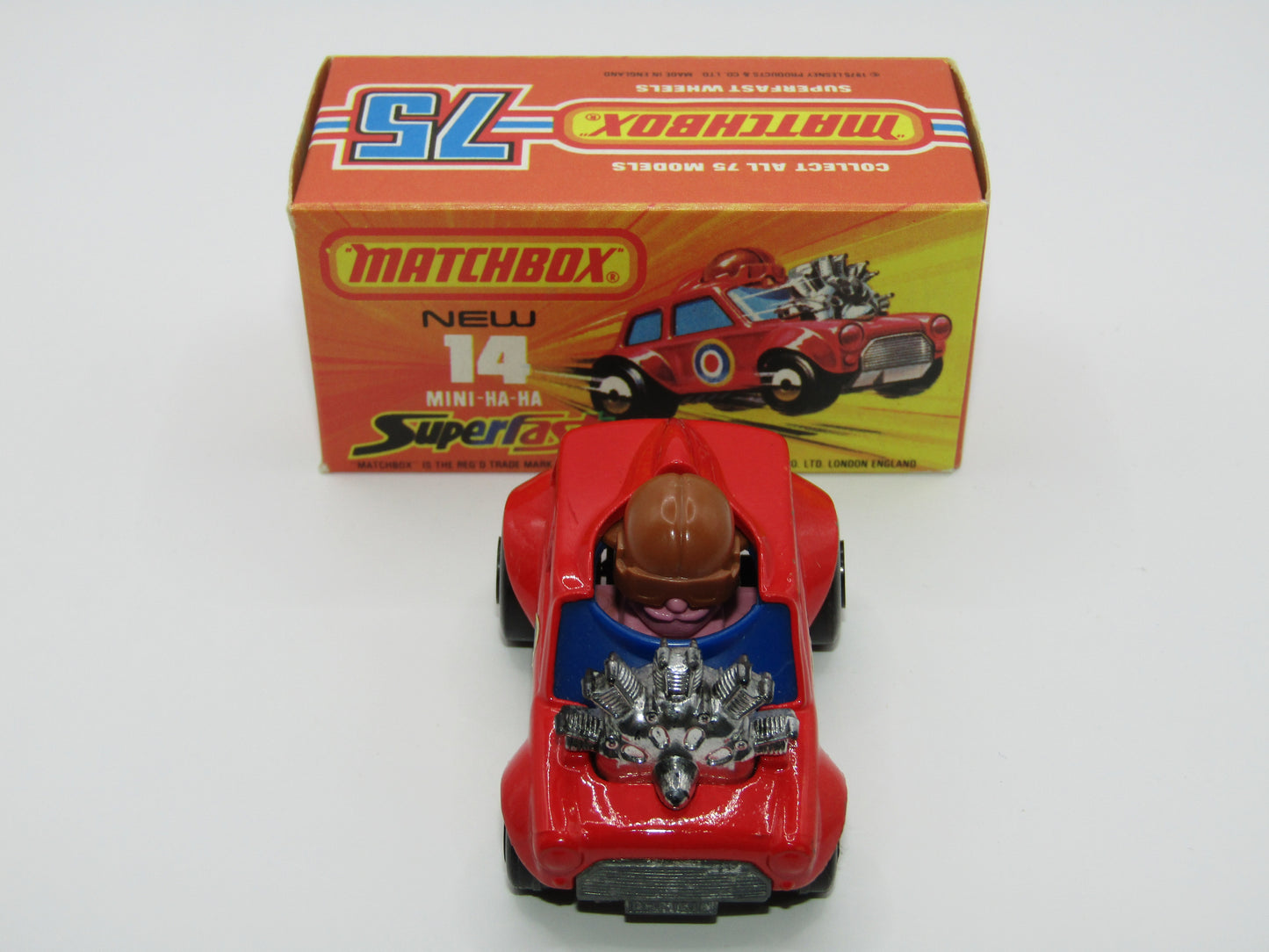 Matchbox Superfast No 14B Mini Ha-Ha DARK BLUE Windows, PURPLE Driver Light Brown Helmet