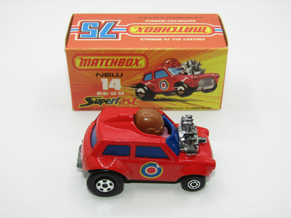 Matchbox Superfast No 14B Mini Ha-Ha DARK BLUE Windows, PURPLE Driver Light Brown Helmet