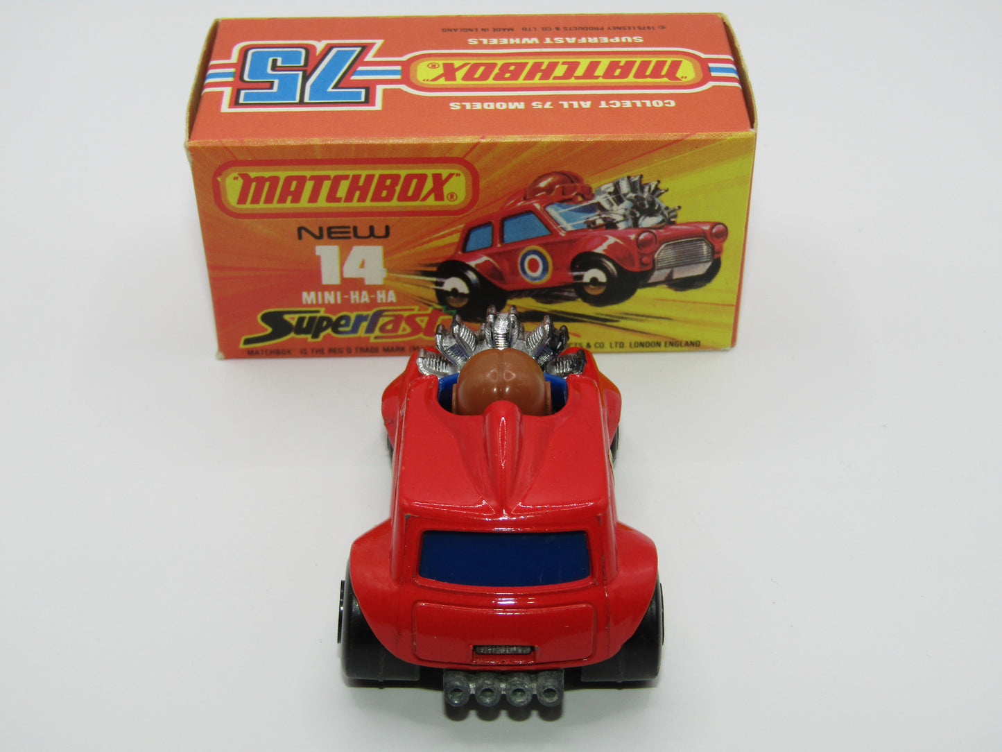 Matchbox Superfast No 14B Mini Ha-Ha DARK BLUE Windows, PURPLE Driver Light Brown Helmet