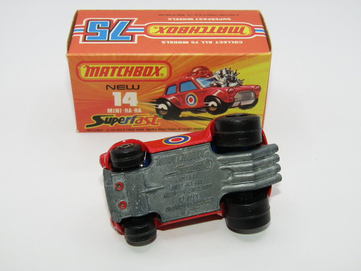 Matchbox Superfast No 14B Mini Ha-Ha DARK BLUE Windows, PURPLE Driver Light Brown Helmet