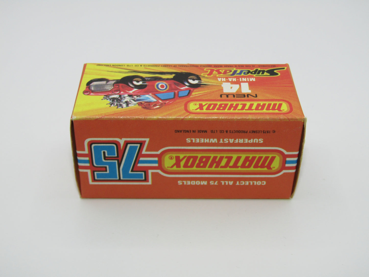 Matchbox Superfast No 14B Mini Ha-Ha DARK BLUE Windows, PURPLE Driver Light Brown Helmet