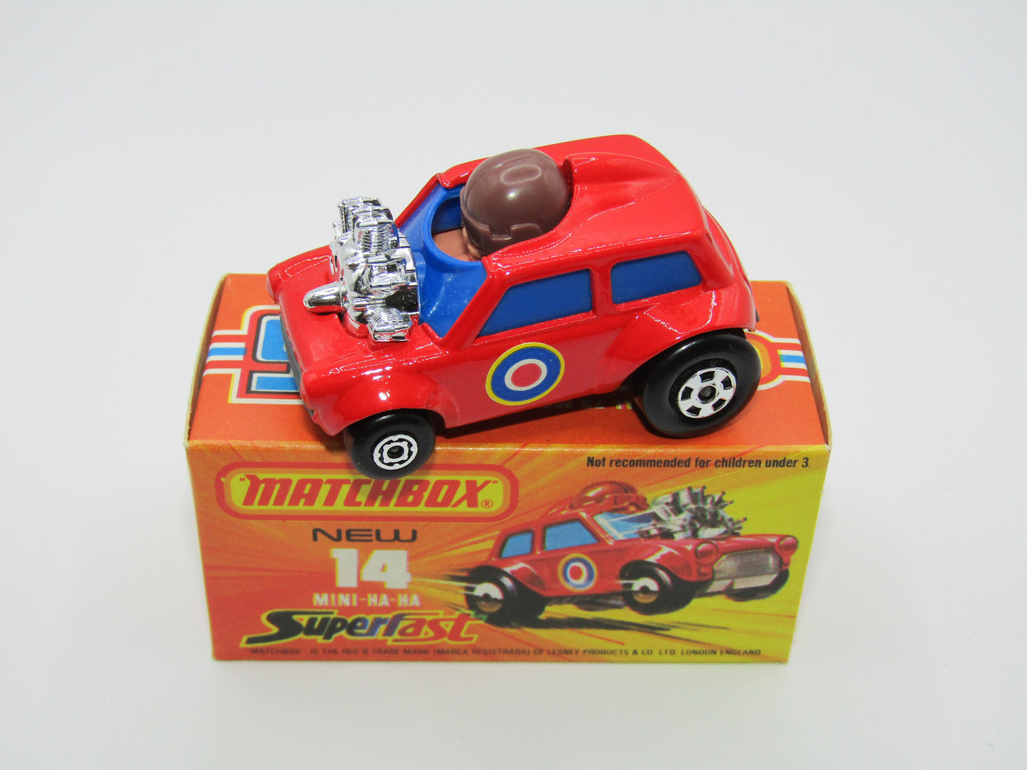 Matchbox Superfast No 14B Mini Ha-Ha DARK BLUE Windows, DARK BROWN Helmet, Flesh Coloured Driver, Not Recommended Box
