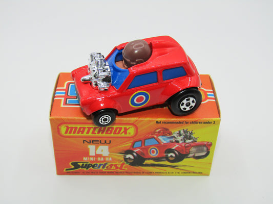 Matchbox Superfast No 14B Mini Ha-Ha DARK BLUE Windows, DARK BROWN Helmet, Flesh Coloured Driver, Not Recommended Box