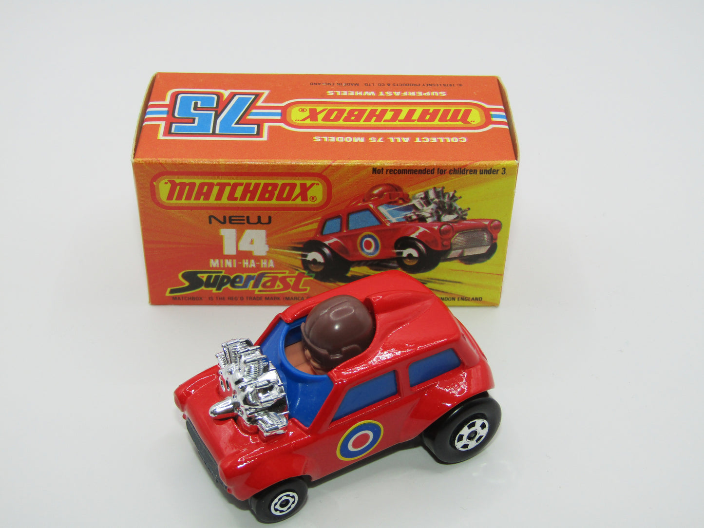 Matchbox Superfast No 14B Mini Ha-Ha DARK BLUE Windows, DARK BROWN Helmet, Flesh Coloured Driver, Not Recommended Box