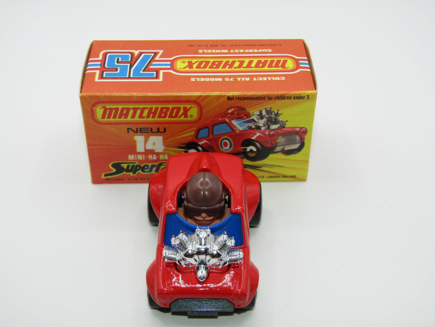 Matchbox Superfast No 14B Mini Ha-Ha DARK BLUE Windows, DARK BROWN Helmet, Flesh Coloured Driver, Not Recommended Box