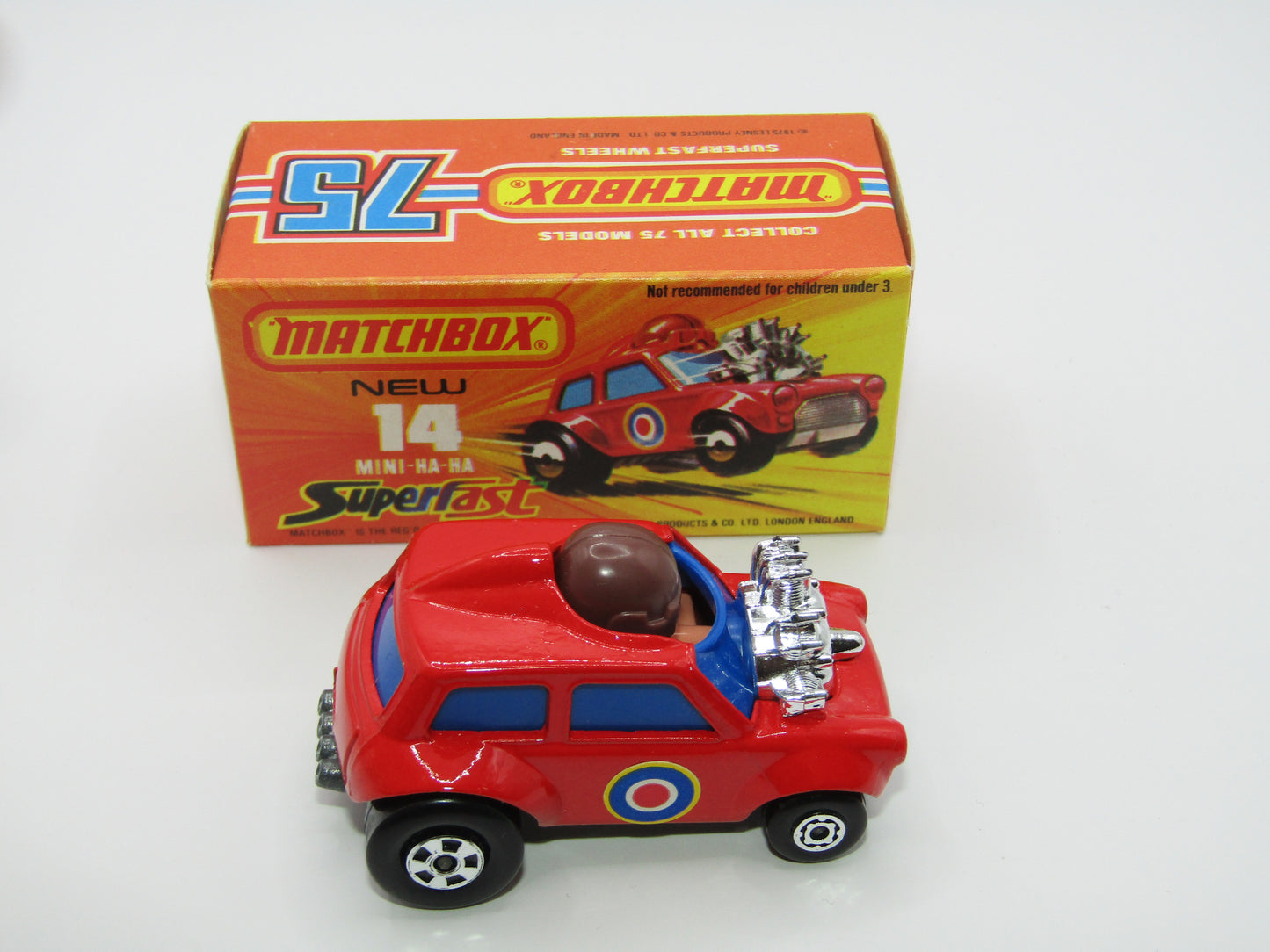 Matchbox Superfast No 14B Mini Ha-Ha DARK BLUE Windows, DARK BROWN Helmet, Flesh Coloured Driver, Not Recommended Box