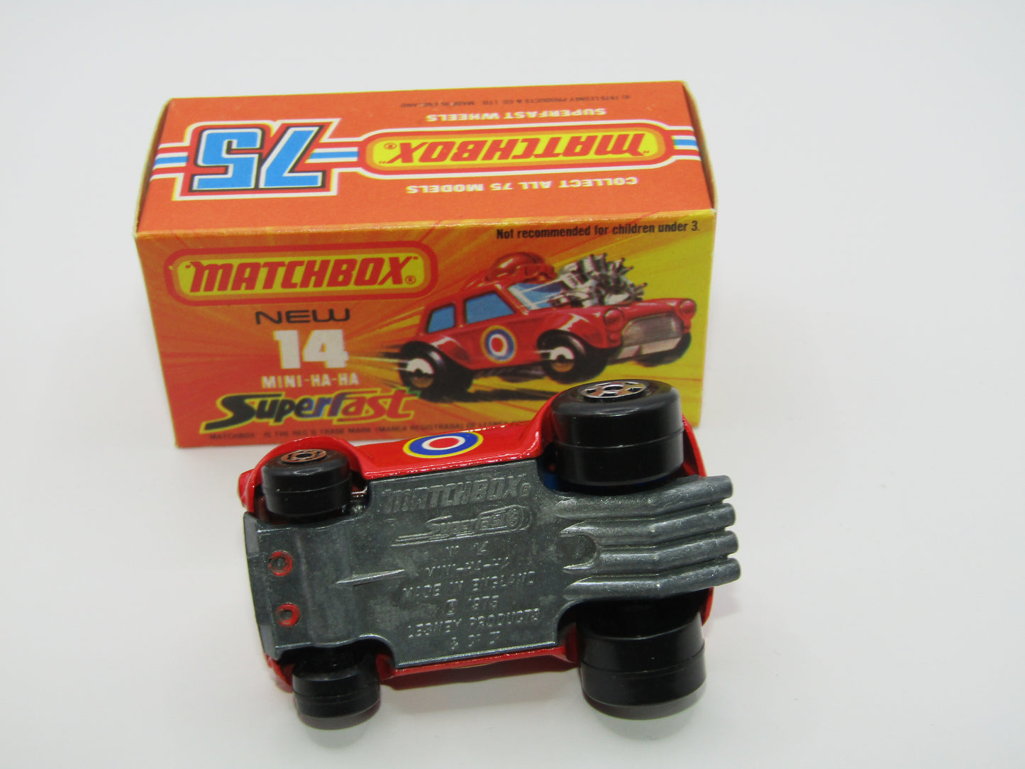 Matchbox Superfast No 14B Mini Ha-Ha DARK BLUE Windows, DARK BROWN Helmet, Flesh Coloured Driver, Not Recommended Box