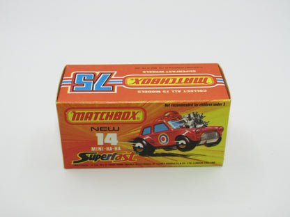 Matchbox Superfast No 14B Mini Ha-Ha DARK BLUE Windows, DARK BROWN Helmet, Flesh Coloured Driver, Not Recommended Box