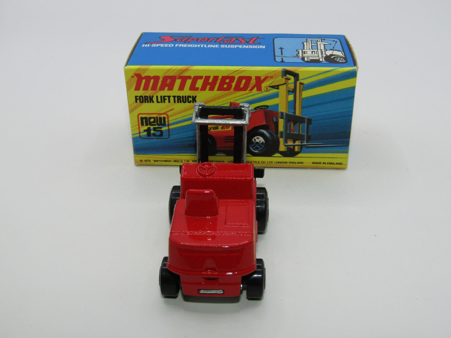 Matchbox Superfast 15B Fork Lift Truck Red BLACK Forks, Unpainted Base