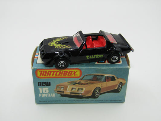 Matchbox Superfast No 16B Pontiac Black, Light Yellow & Brown Firebird Tampo, Unpainted Base