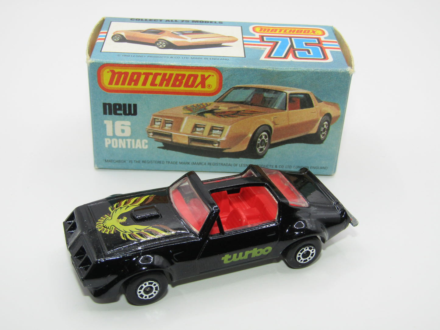 Matchbox Superfast No 16B Pontiac Black, Light Yellow & Brown Firebird Tampo, Unpainted Base